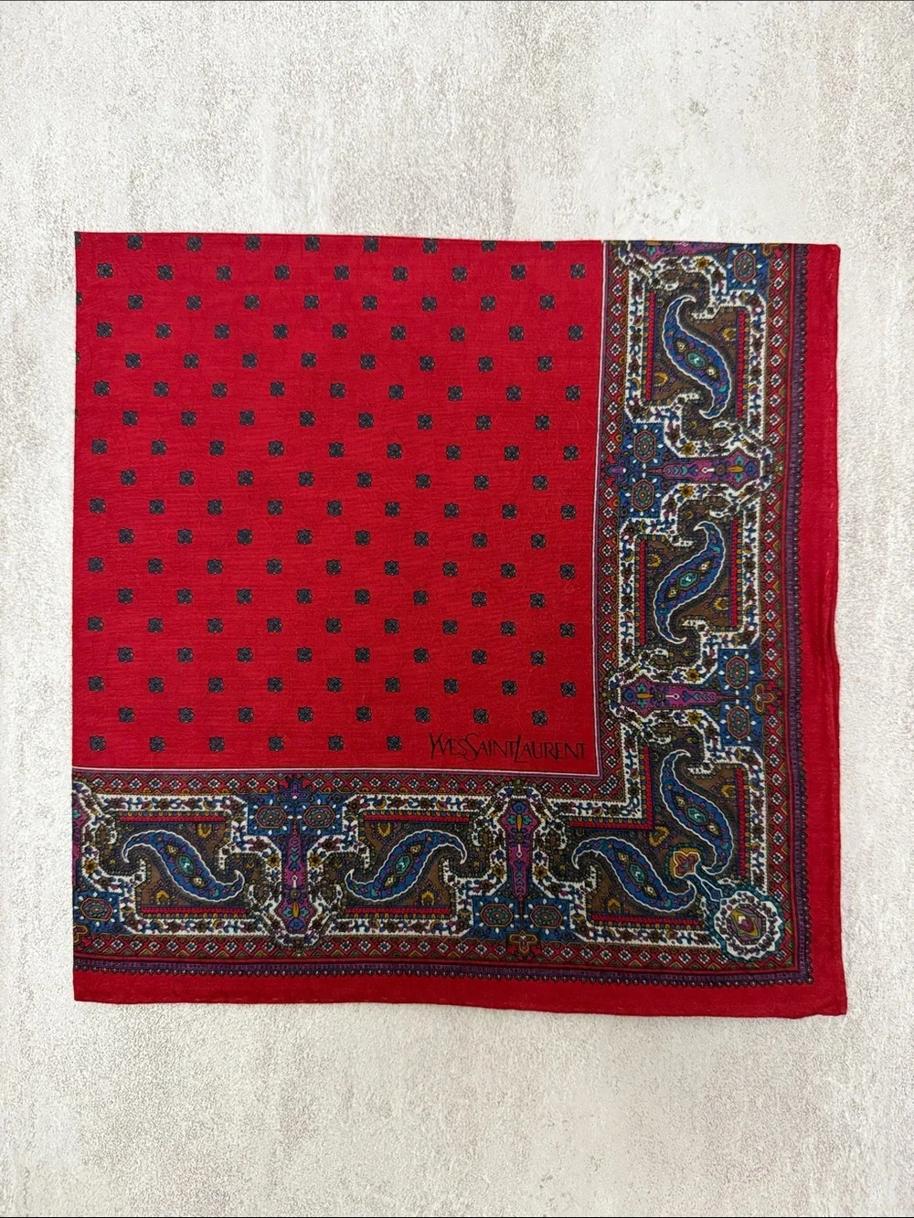 Yves Saint Laurent Red Paisley Border cotton Pocket Square